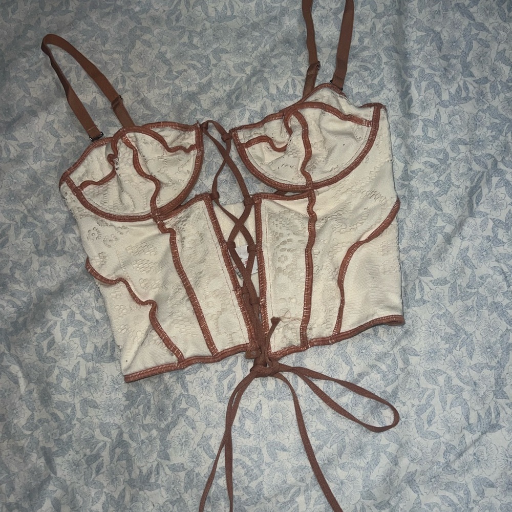 Lace-Up Cream and Brown Corset Top